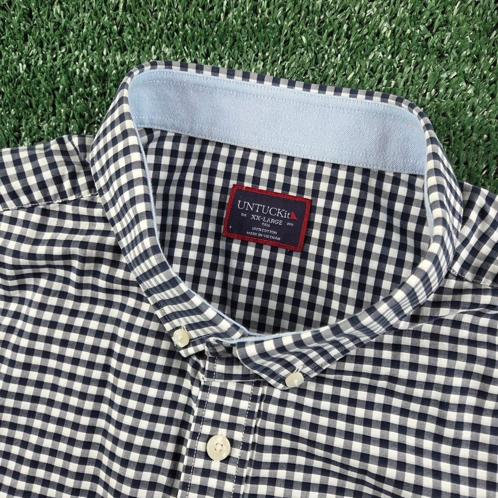 UNTUCKit Mens XXL Tall Gingham Shirt Navy White Short Sleeve Cotton Button Down